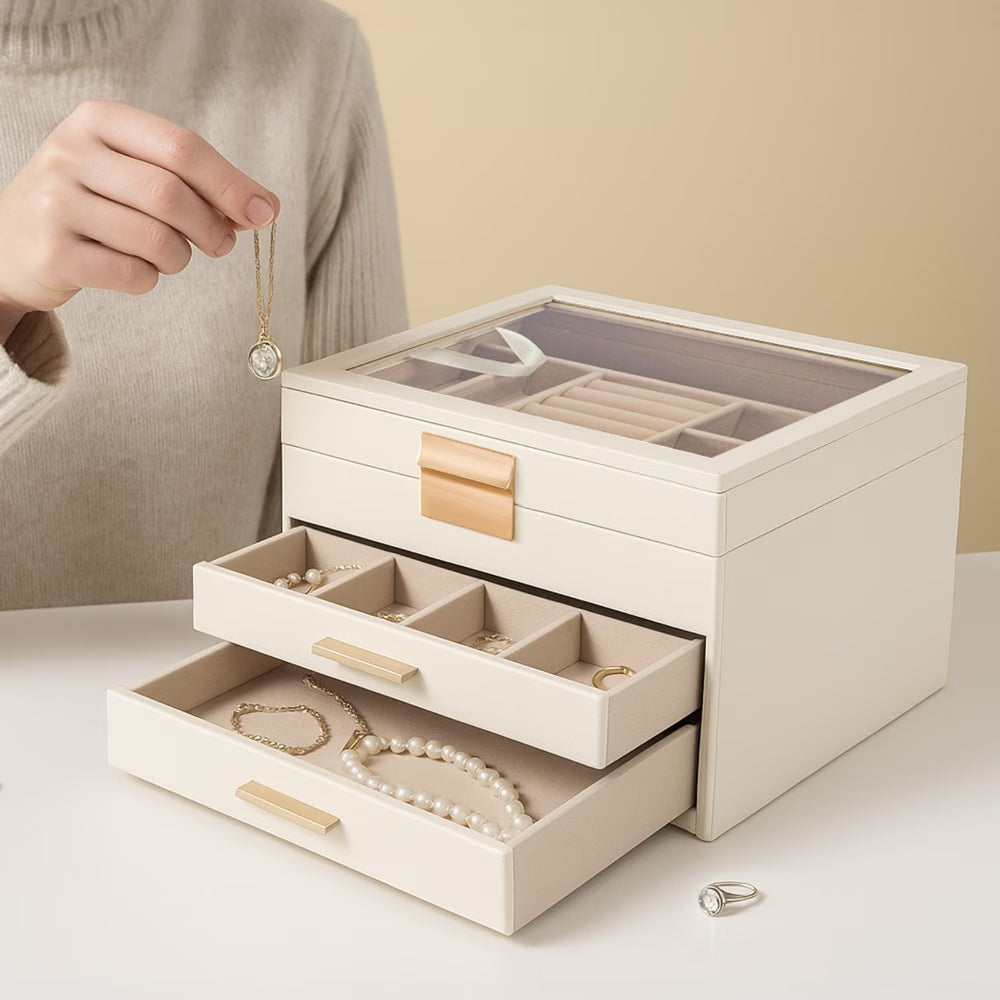3 Layer PU Leather Jewelry Box with Glass Lid – Elegant Jewellery Organizer with Drawers for Rings, Necklaces, Earrings & Bracelets (White)