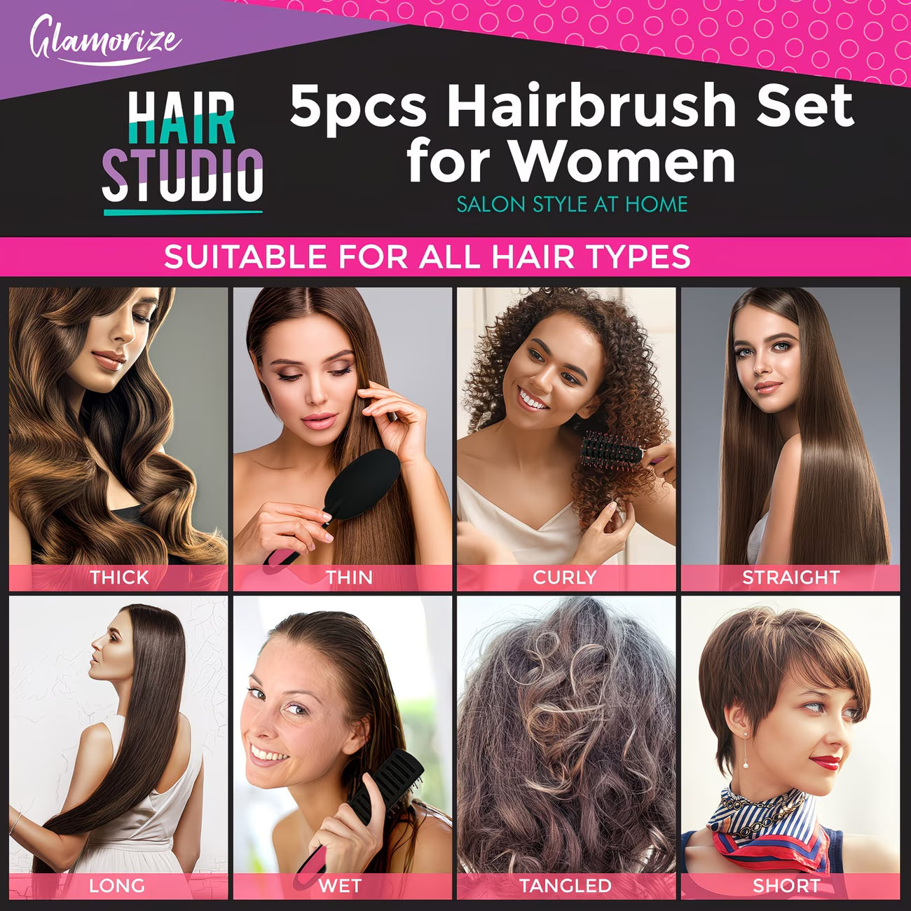 5 Pack Professional Hair Brush Set for Women – Paddle, Round, Vented & Styling Brushes Kit (Pink)-8