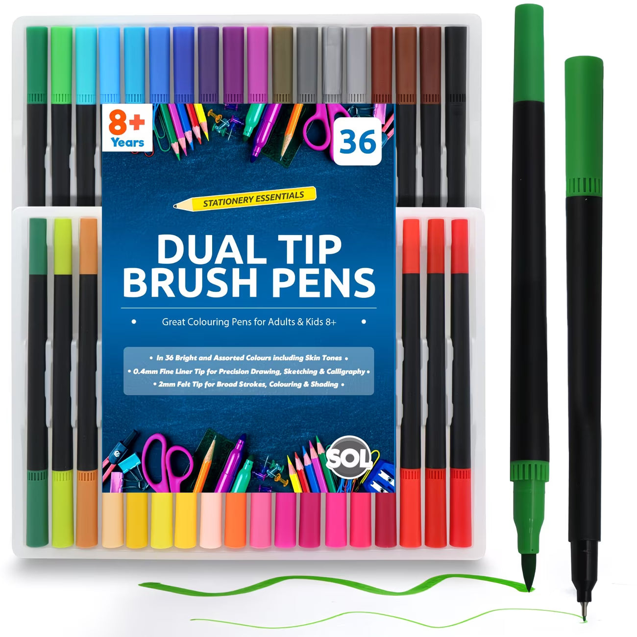 36 Pack Dual Tip Brush Pens – Watercolour Markers for Colouring, Calligraphy & Sketching
