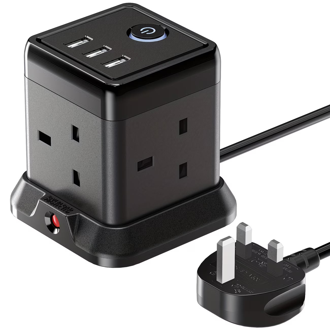 Cube Extension Lead 4-Gang with 3 USB Ports – 13A 3250W Power Strip with Switch, 1.5m Cable (Black)