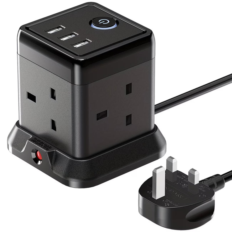 Cube Extension Lead 4-Gang with 3 USB Ports – 13A 3250W Power Strip with Switch, 1.5m Cable (Black)-1