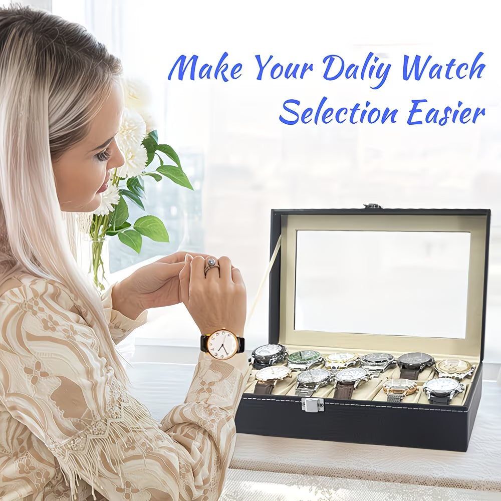 12 Slot Watch Storage Box – Black Faux Leather Display Case with Glass Lid & Removable Cushions-7