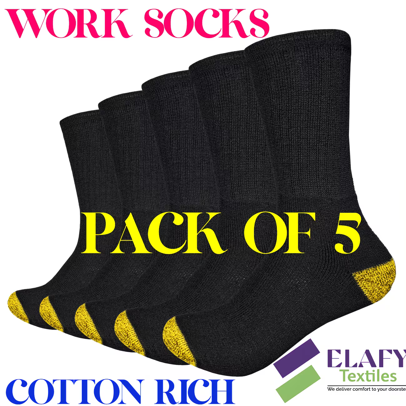 ELAFY Men’s Work Socks Pack of 5 – Cotton Rich Cushioned Crew Socks with Reinforced Heel & Toe, Size 6–11