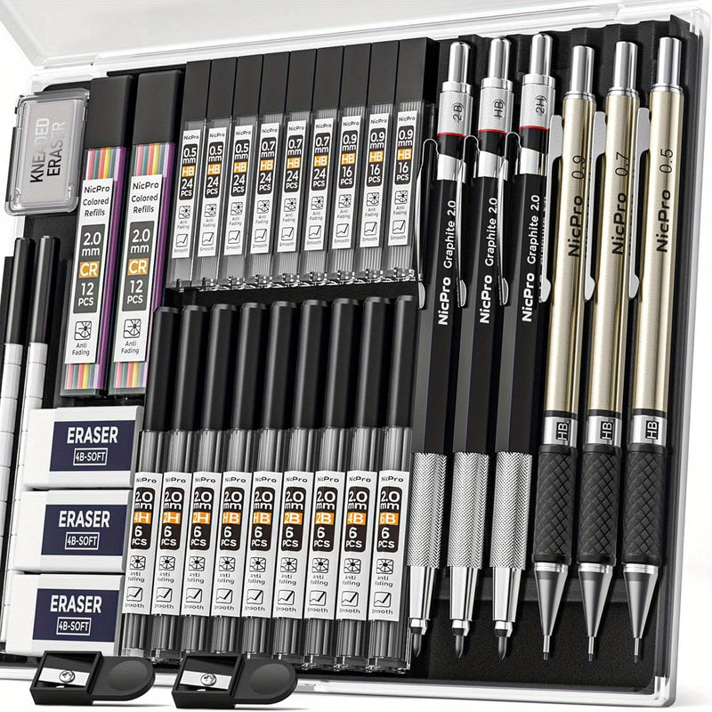 Professional Mechanical Pencil Set – 6pcs Drafting & Sketching Kit (0.5, 0.7, 0.9mm + 2mm Lead Holders) with 20 Tube Lead Refills for Art, Drawing & School-1