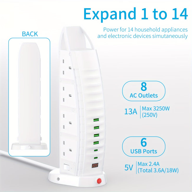 Tower Extension Lead 8 Way Sockets with 6 USB Ports 3.6A Vertical Power Strip 5m 3m 2m Cable TB01-5
