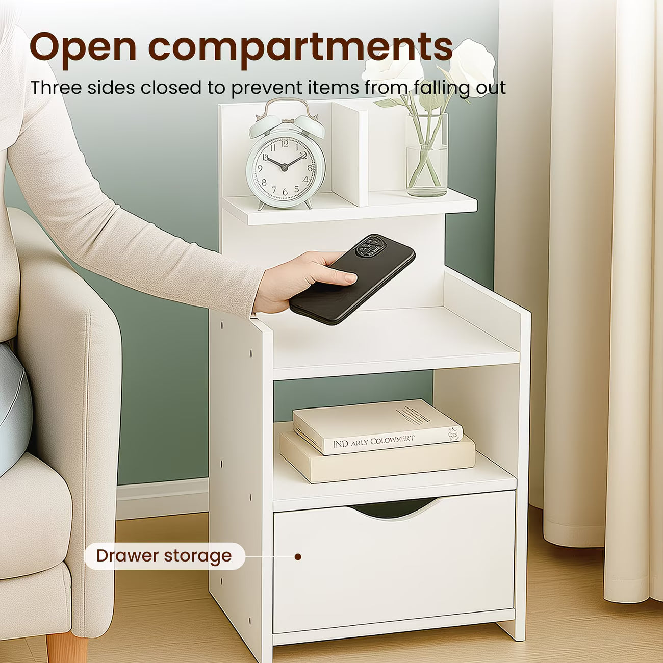 Modern White Wooden Bedside Table with Drawer – Compact Nightstand Storage Cabinet for Bedroom, Bathroom & Living Room-5