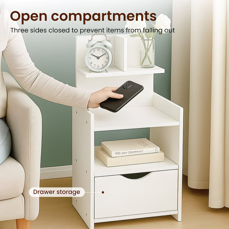 Modern White Wooden Bedside Table with Drawer – Compact Nightstand Storage Cabinet for Bedroom, Bathroom & Living Room-5