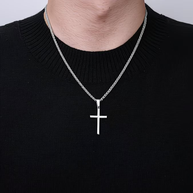925 Sterling Silver Cuban Chain Cross Necklace – Solid Bevelled Cross Pendant, Unisex Gift with Box for Valentine’s Day & Christmas