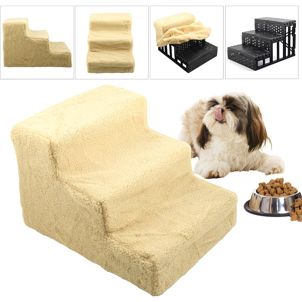 3-Step Dog Stairs for Bed – Non-Slip Pet Steps with Washable Plush Cover, Pet Ladder for Dogs & Cats