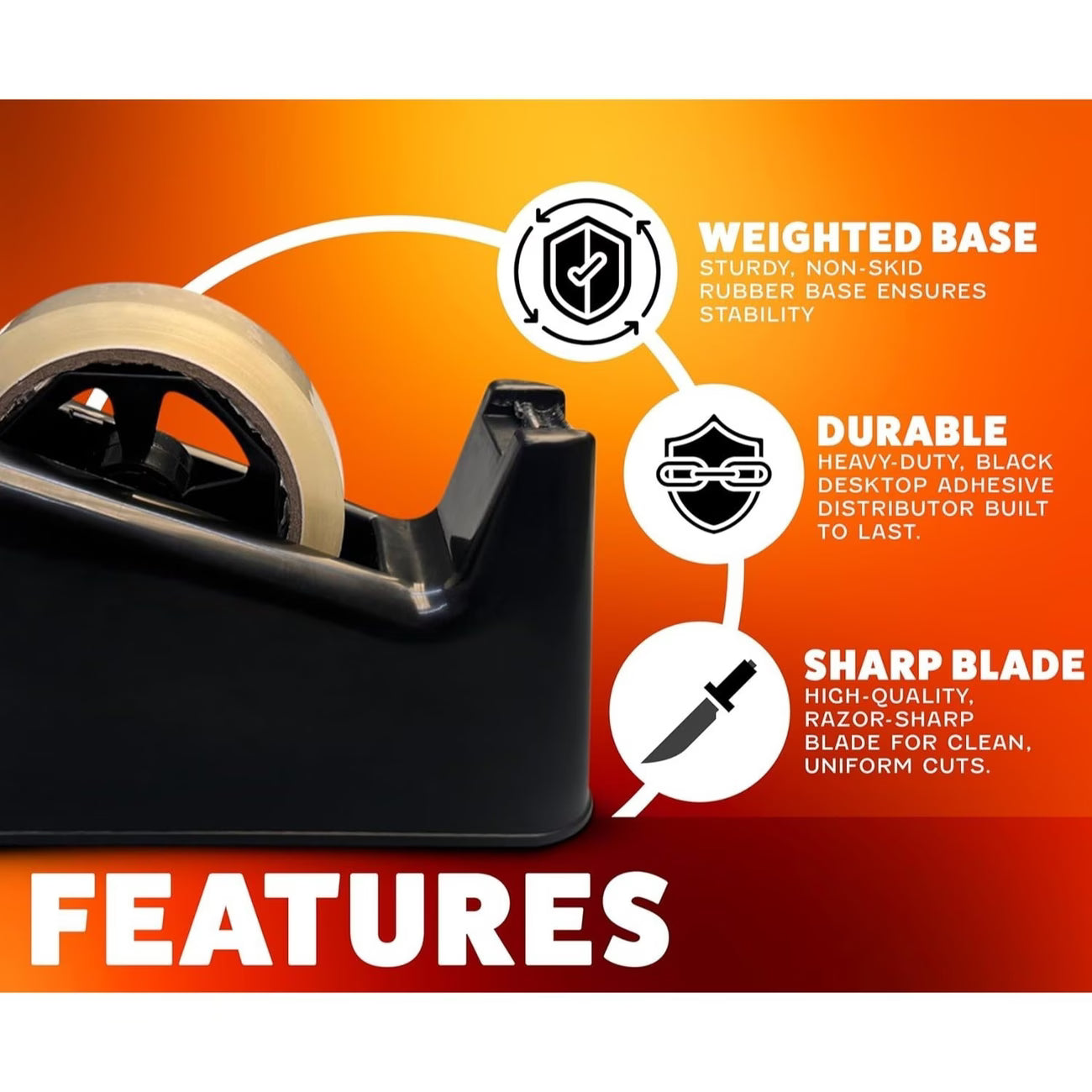 Heavy Duty Tape Dispenser with Weighted Non-Skid Base – One-Handed Desktop Tape Holder with Sharp Cutting Blade for Office, Packing & Gift Wrapping (Black)-4