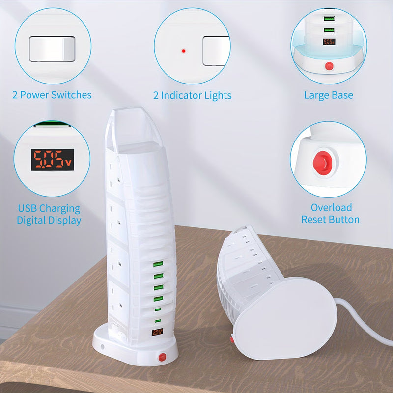 Tower Extension Lead 8 Way Sockets with 6 USB Ports 3.6A Vertical Power Strip 5m 3m 2m Cable TB01-6