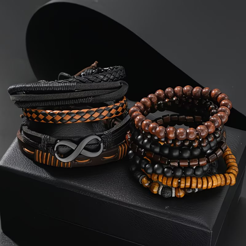 12PCS Men’s Bohemian Bracelet Set – Vintage Faux Leather & Tiger Eye Beaded Stackable Bracelets, Trendy Boho Jewelry