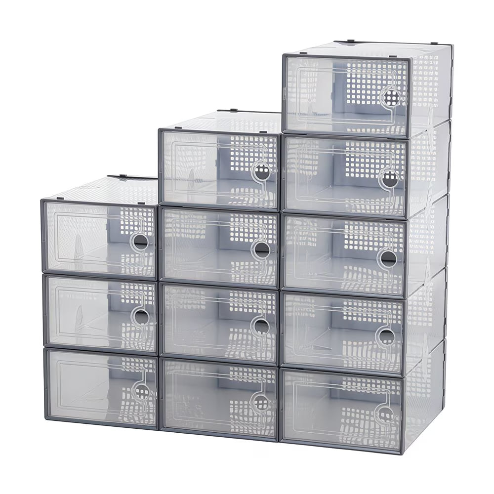 Pack of 12 Stackable Shoe Storage Boxes with Clear Front Door – Space Saving Organisers UK 9.5-11