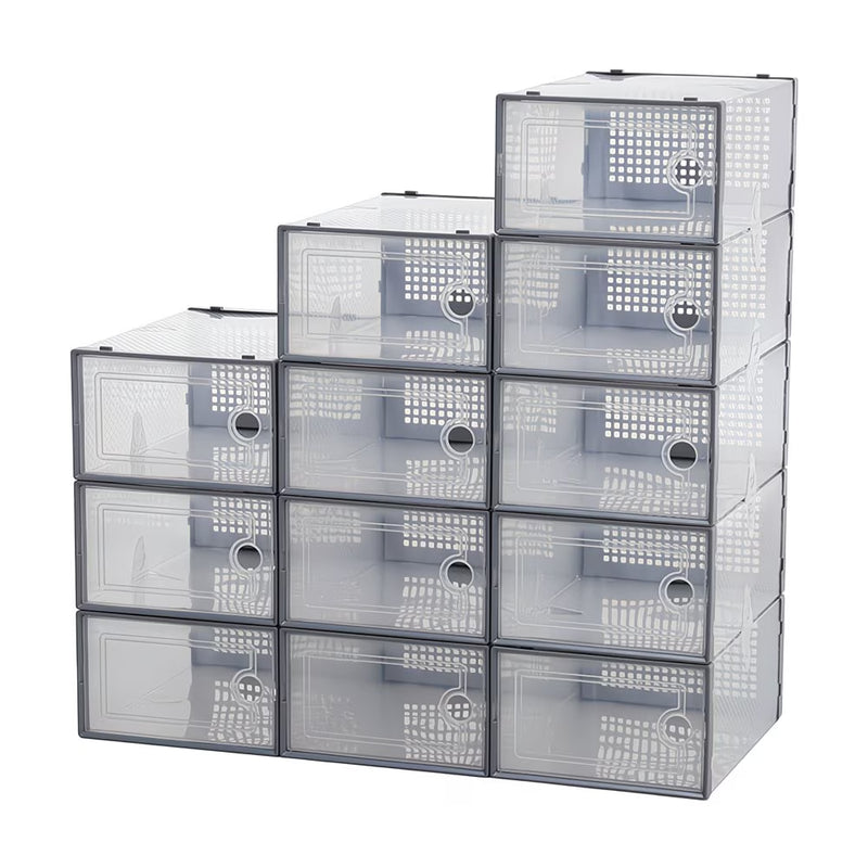 Pack of 12 Stackable Shoe Storage Boxes with Clear Front Door – Space Saving Organisers UK 9.5-11