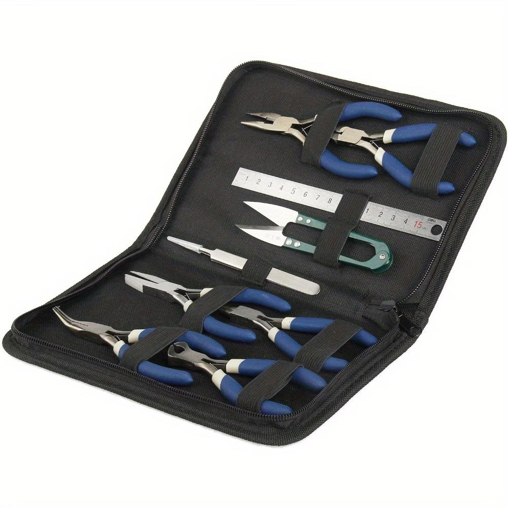 9Pcs Jewellery Making Tools Kit Pliers Set with Scissors Ruler Tweezers Case for DIY Repair Beading Craft-6