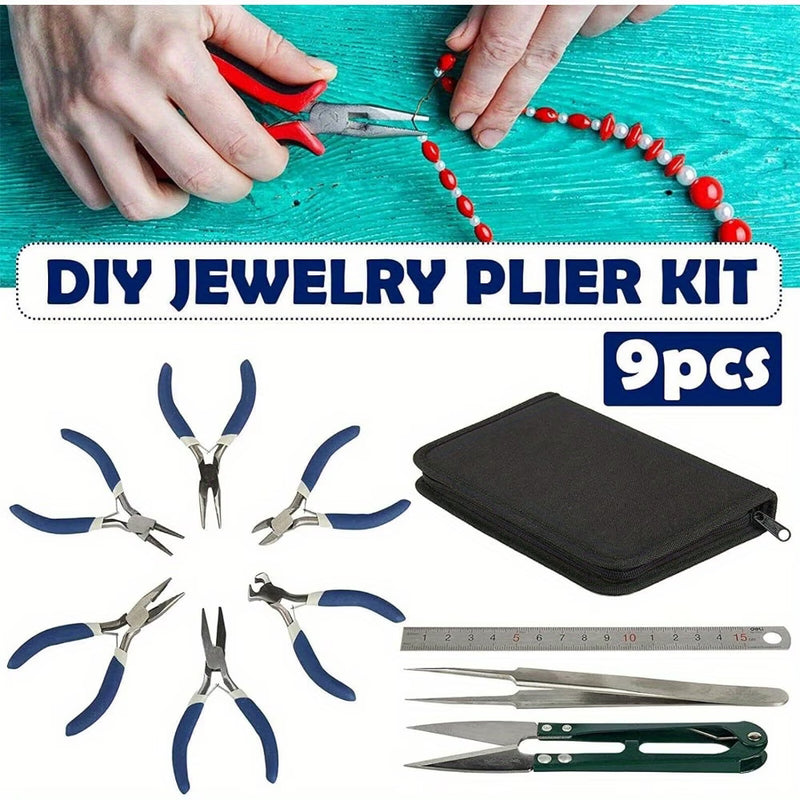 9Pcs Jewellery Making Tools Kit Pliers Set with Scissors Ruler Tweezers Case for DIY Repair Beading Craft-3