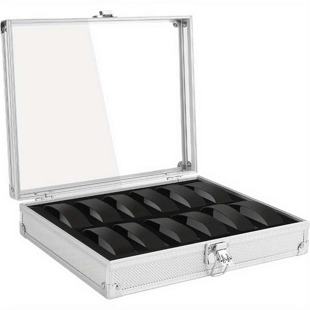 12 Slot Aluminum Watch Storage Case with Glass Display Lid – Lockable Watch Organizer Box with Velvet Cushions for Men & Women-1