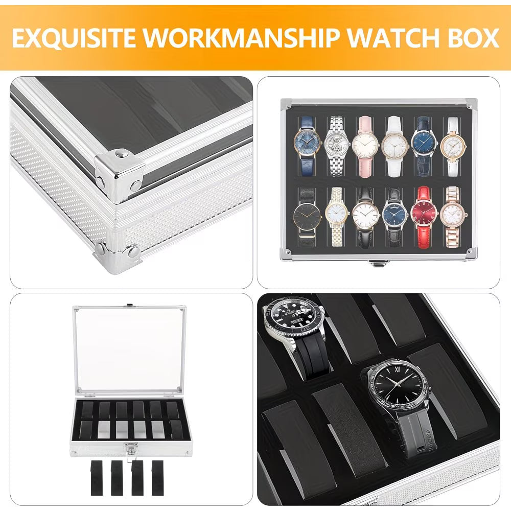12-Slot Aluminium Watch Storage Case with Glass Display Lid & Removable Cushions – Luxury Watch Box for Men & Women-5