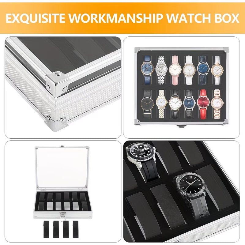 12-Slot Aluminium Watch Storage Case with Glass Display Lid & Removable Cushions – Luxury Watch Box for Men & Women-5