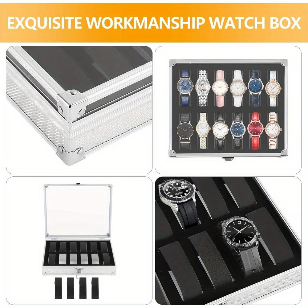12 Slot Aluminum Watch Storage Case with Glass Display Lid – Lockable Watch Organizer Box with Velvet Cushions for Men & Women-3