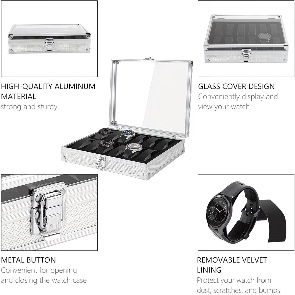12-Slot Aluminium Watch Storage Case with Glass Display Lid & Removable Cushions – Luxury Watch Box for Men & Women-3