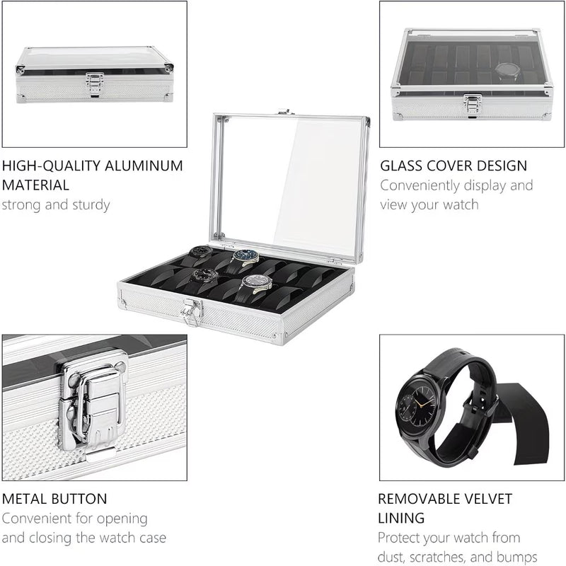 12-Slot Aluminium Watch Storage Case with Glass Display Lid & Removable Cushions – Luxury Watch Box for Men & Women-3