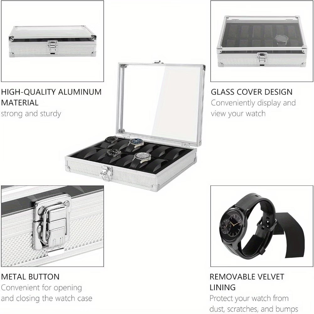12 Slot Aluminum Watch Storage Case with Glass Display Lid – Lockable Watch Organizer Box with Velvet Cushions for Men & Women-4
