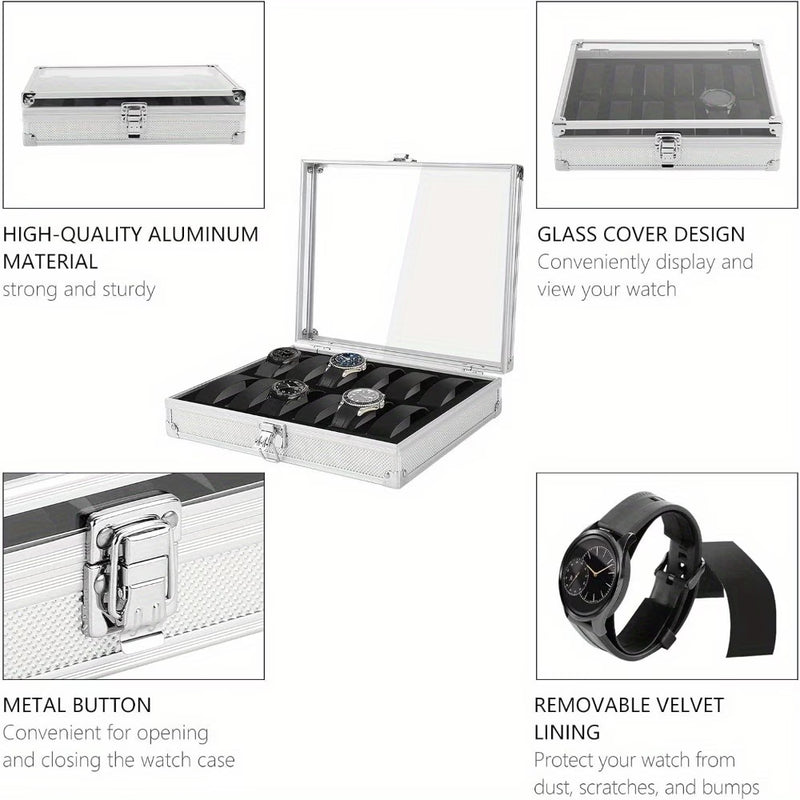 12 Slot Aluminum Watch Storage Case with Glass Display Lid – Lockable Watch Organizer Box with Velvet Cushions for Men & Women-4