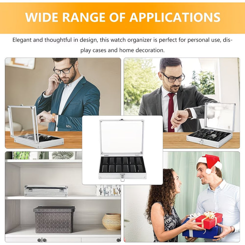 12-Slot Aluminium Watch Storage Case with Glass Display Lid & Removable Cushions – Luxury Watch Box for Men & Women-6