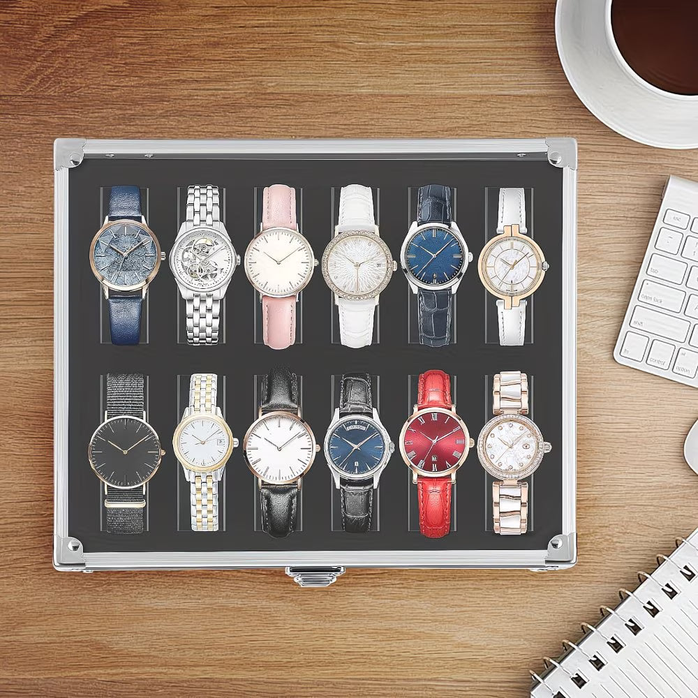 12-Slot Aluminium Watch Storage Case with Glass Display Lid & Removable Cushions – Luxury Watch Box for Men & Women