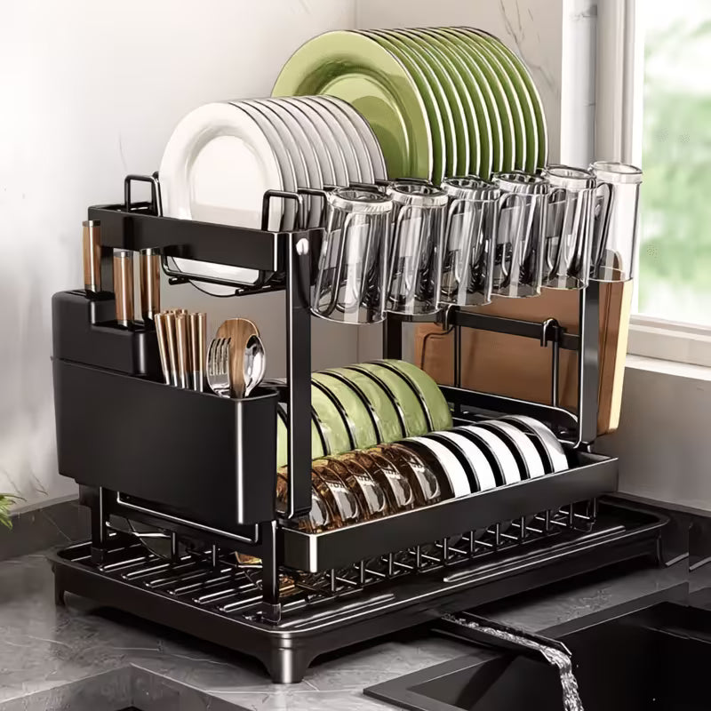 2 Tier Dish Drying Rack with Drainboard – Heavy Duty Rustproof Kitchen Counter Organizer with Utensil Holder