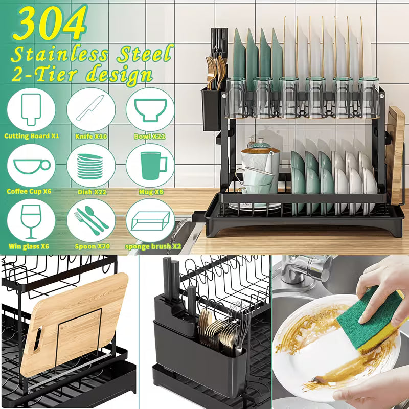 2 Tier Dish Drying Rack with Drainboard – Heavy Duty Rustproof Kitchen Counter Organizer with Utensil Holder-4