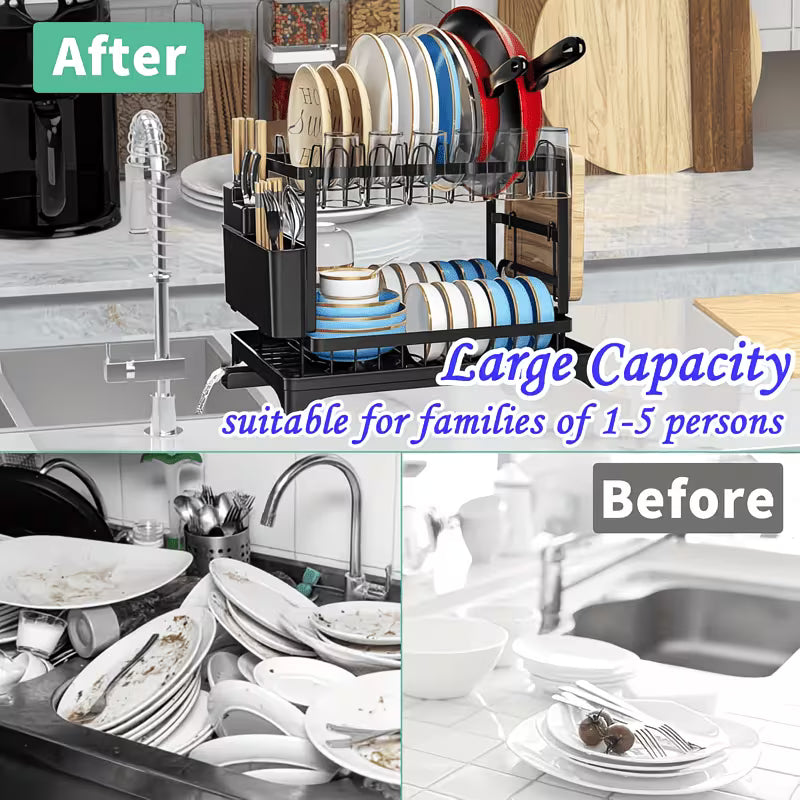 2 Tier Dish Drying Rack with Drainboard – Heavy Duty Rustproof Kitchen Counter Organizer with Utensil Holder-7