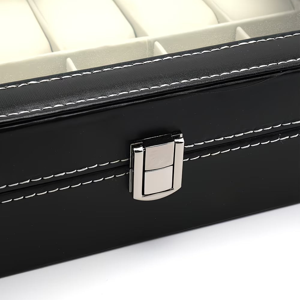 12 Slot Watch Storage Box – Black Faux Leather Display Case with Glass Lid & Removable Cushions-5