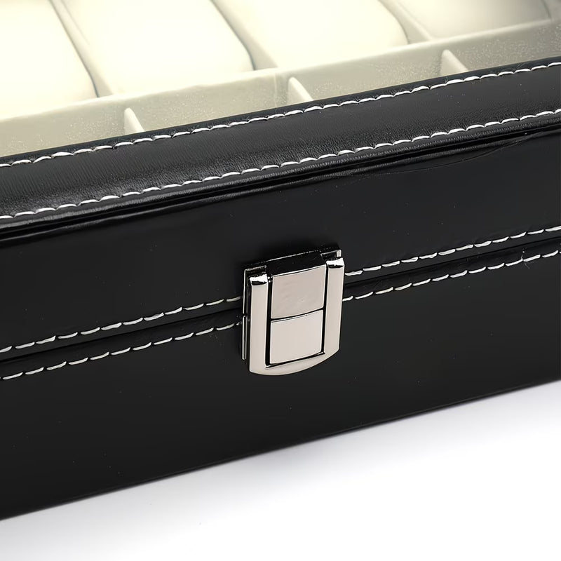12 Slot Watch Storage Box – Black Faux Leather Display Case with Glass Lid & Removable Cushions-5