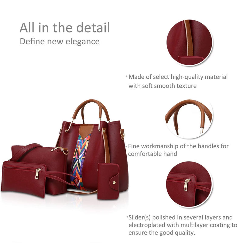 4 Piece Women Handbag Set Faux Leather Tote Shoulder Crossbody Bag Purse Wallet Card Holder-17