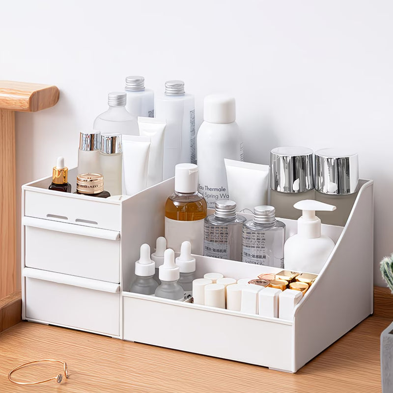 Makeup Organiser with Drawer – White Multifunctional Desk & Dresser Storage Container-1