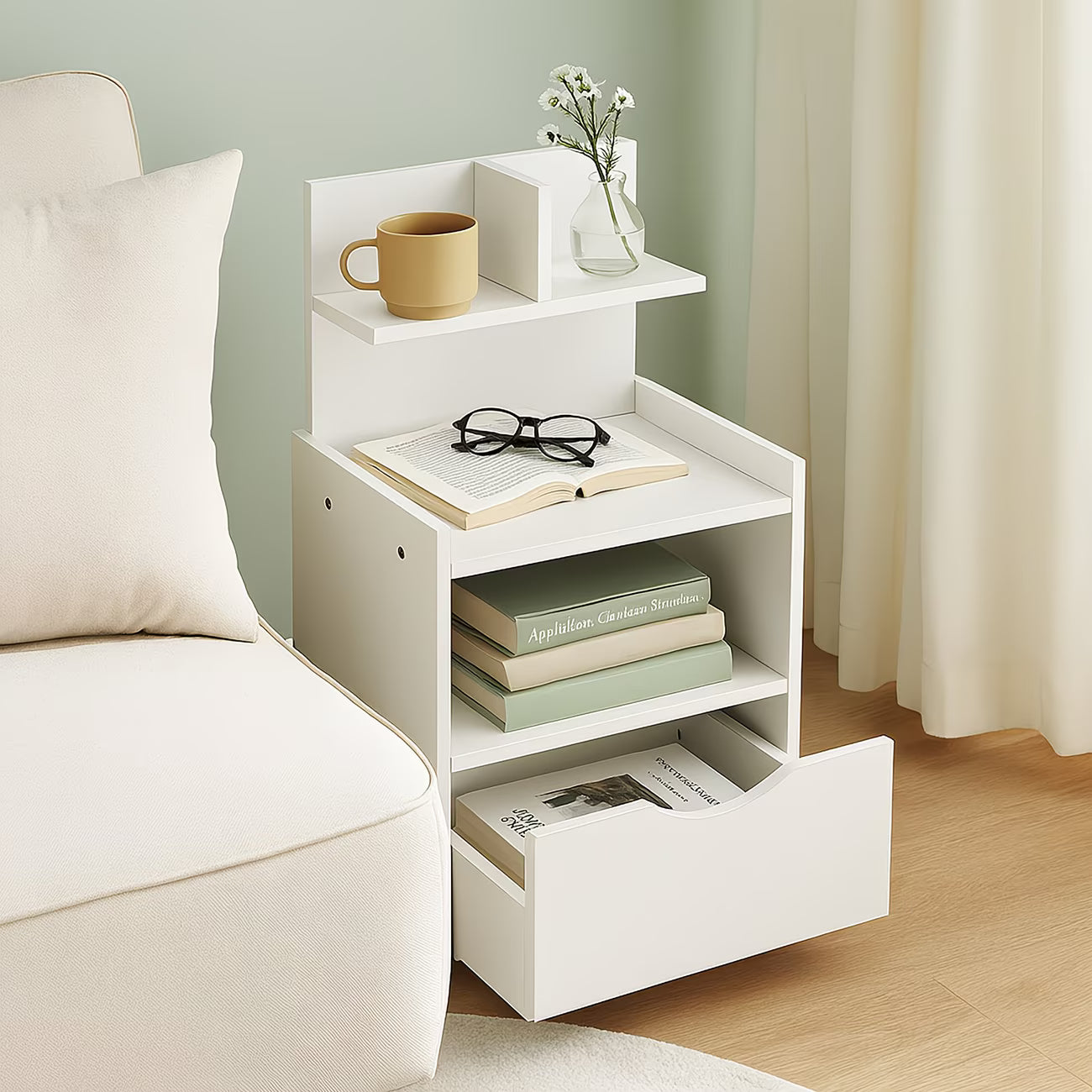 Modern White Wooden Bedside Table with Drawer – Compact Nightstand Storage Cabinet for Bedroom, Bathroom & Living Room-2