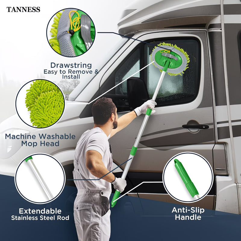 TANNESS Caravan Car Wash Mop Kit – Extendable Handle, Scratch-Free Microfibre Mop with 2 Heads-4