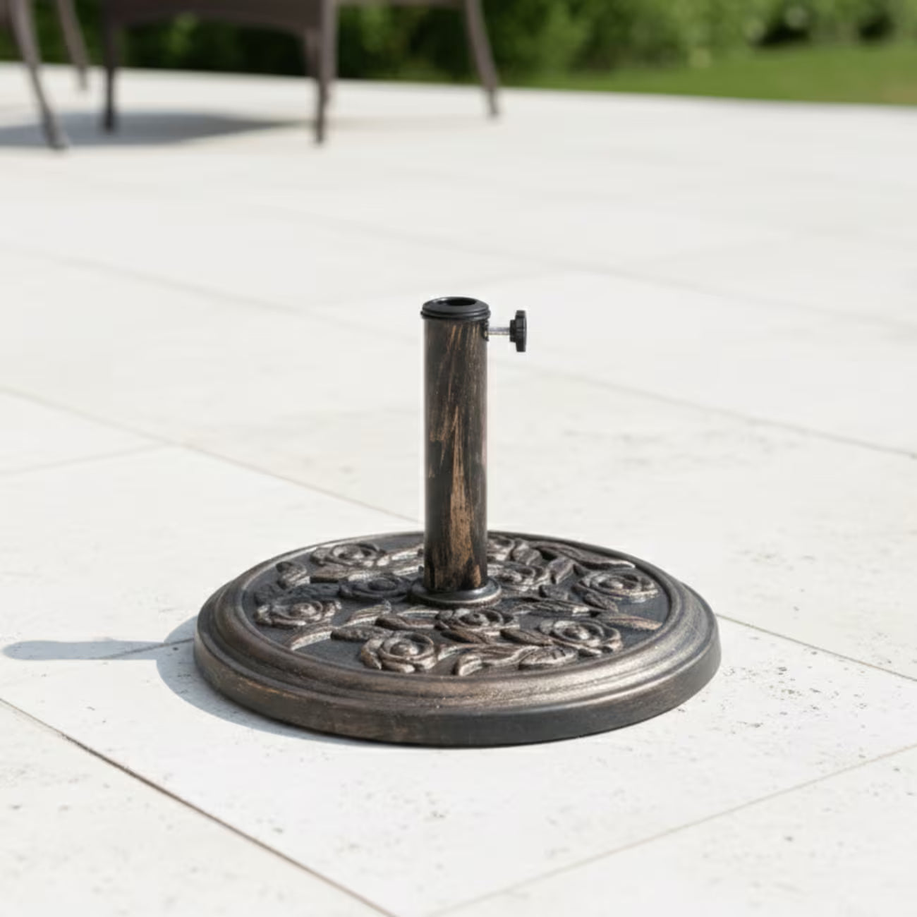 9kg Garden Parasol Base Cast Iron Effect Floral Rose Design Heavy Duty Outdoor Umbrella Stand