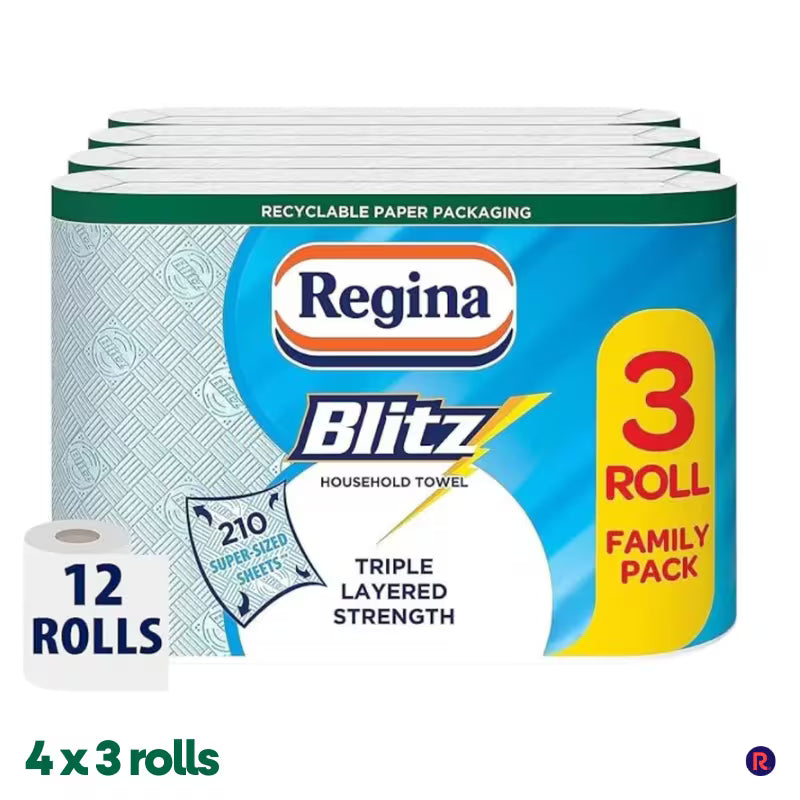 Regina Blitz Kitchen Roll 12 Pack – 3 Ply Extra Large Household Paper Towels, 70 Sheets Per Roll, Super Absorbent Cleaning Rolls-1
