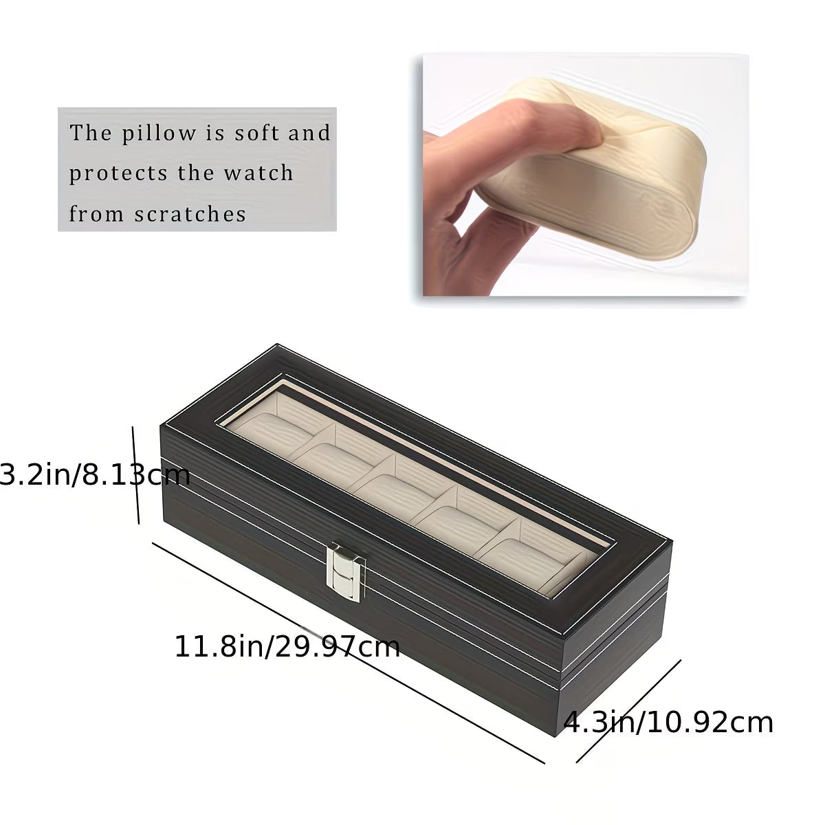6 Slot Watch Storage Box with Glass Lid – PU Leather Watch & Jewellery Display Case for Men & Women-3