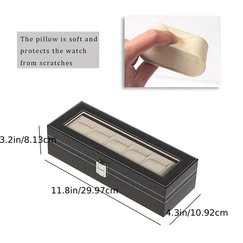 6 Slot Watch Storage Box with Glass Lid – PU Leather Watch & Jewellery Display Case for Men & Women-3