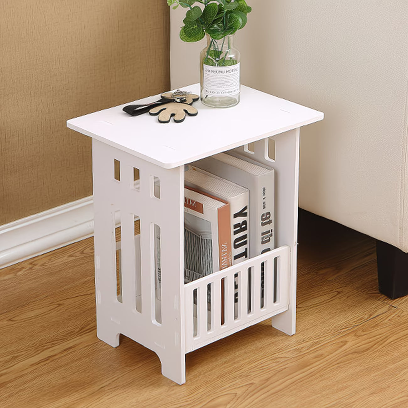 Small White Side Table with Storage Shelf – Modern End Table for Bedroom & Living Room-4