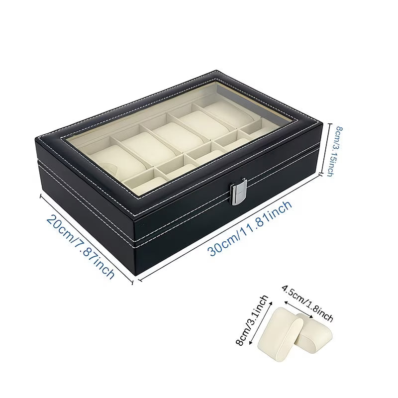 12 Slot Watch Storage Box – Black Faux Leather Display Case with Glass Lid & Removable Cushions-3