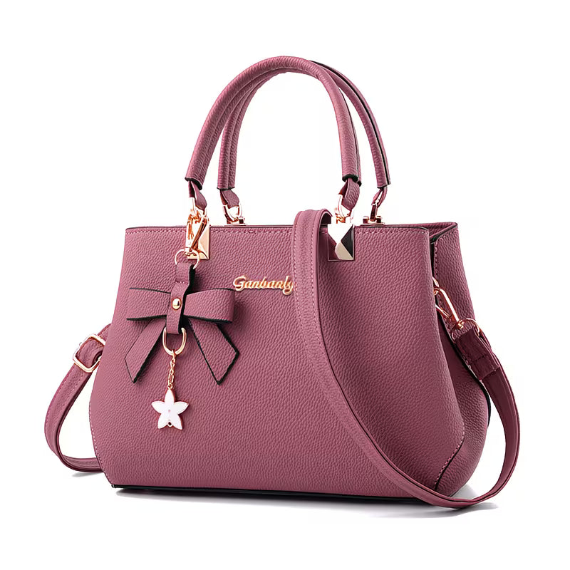 Women’s PU Leather Handbag – Top Handle Shoulder & Crossbody Tote with Metal Pendant