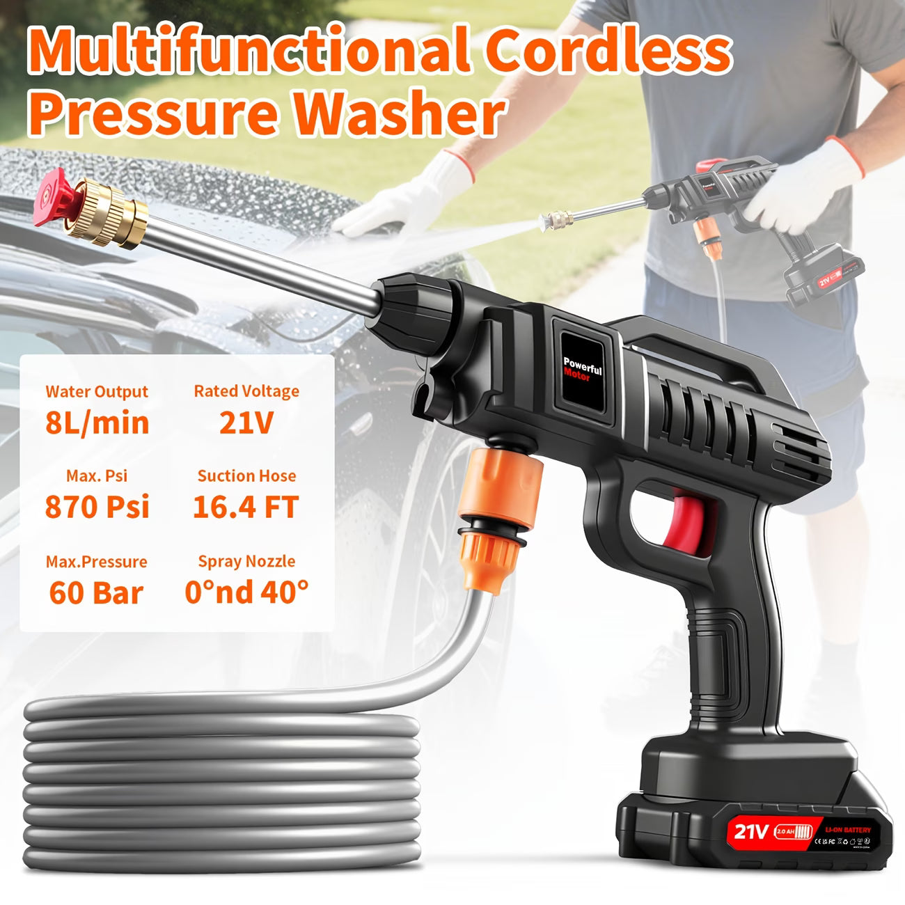 Cordless Pressure Washer 21V Portable Power Cleaner with 2 Batteries Foam Bottle Nozzles Kit-5