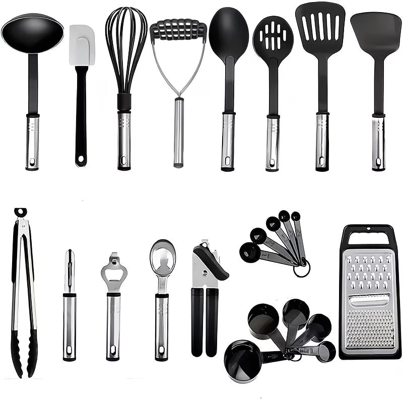 24-Piece Black Stainless Steel Kitchen Utensil Set – Heat-Resistant Non-Stick Cookware Tools