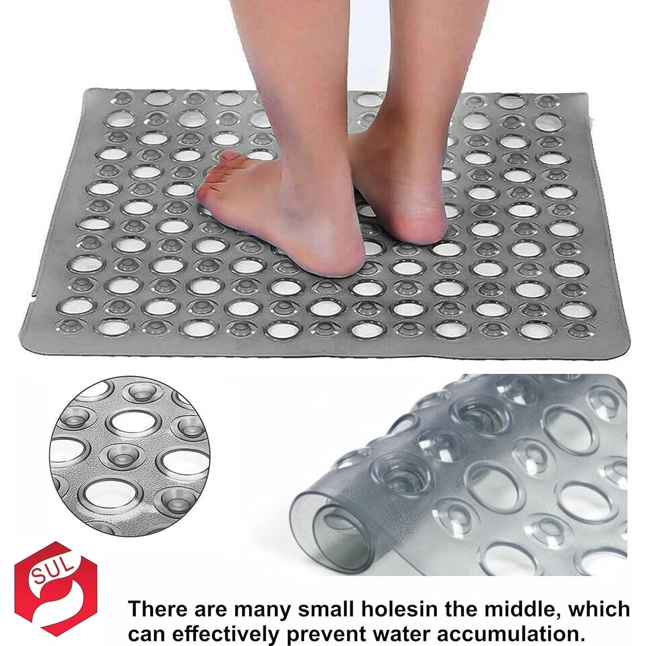 Square Anti-Slip Shower Mat with Suction Cups – Non-Slip Bath Mat for Walk-In Shower Tray with Drain Holes-3