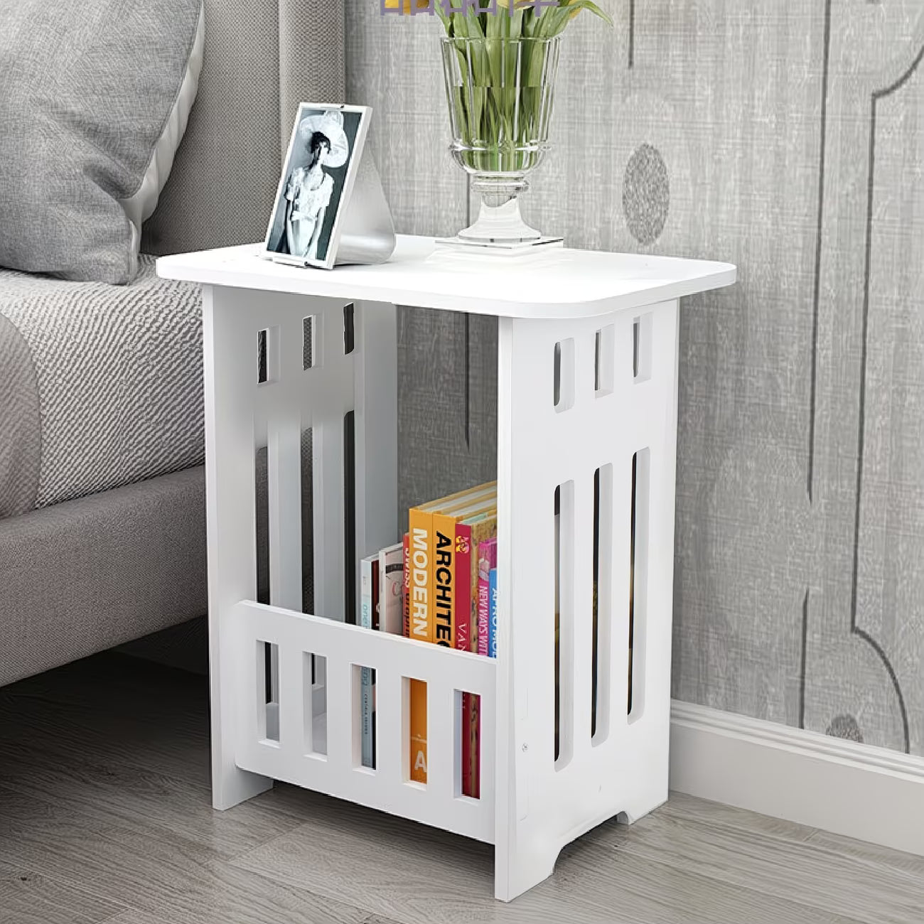 Small White Side Table with Storage Shelf – Modern End Table for Bedroom & Living Room-2